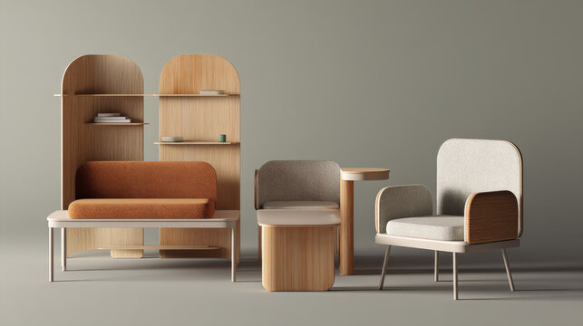 office furniture collection in studio setting. Includes modular light wood shelving, seating with orange texture, chair, side table, perfect for contemporary corporate breakout rooms, workspaces