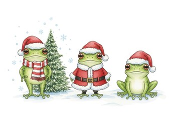 Three cartoon frogs dressed as santa claus and a snowman stand next to a christmas tree