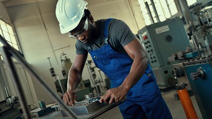 Focused Male Worker in Protective Gear Inspecting Metal Parts in Industrial Workshop, Showcasing Dedication and Precision in Manufacturing Process