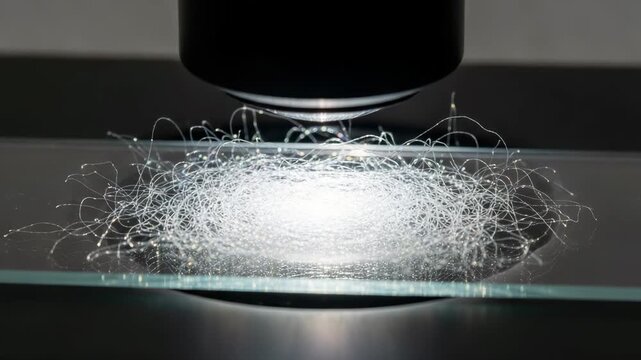 Microscope focusing on a sample with tangled fibers in laboratory  , Nano-fiber material sample is shining on microscope slide, camera zooms in, precise lighting and advanced style