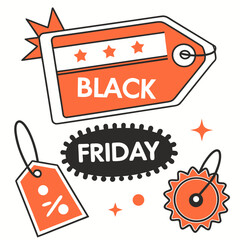 Black Friday sale tags. Plastic badges and price tags with Black Friday text. Black Friday promotional banners, discount labels collection. Vector art