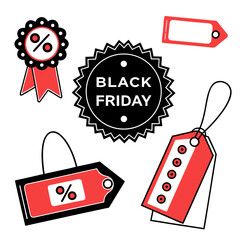 Black Friday sale tags. Plastic badges and price tags with Black Friday text. Black Friday promotional banners, discount labels collection. Vector art