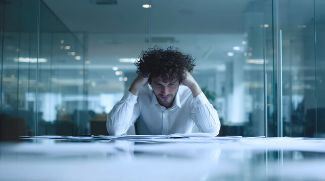 A stressed businessman sits at a desk cluttered with papers, reflecting on work pressures in a modern office.