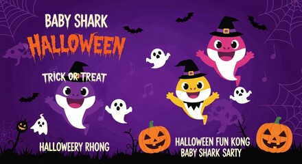 Baby Shark Halloween Party with Ghosts and Pumpkins, Perfect for Kids' Celebrations and Spooky Fun Invitations, a Halloween Treat!