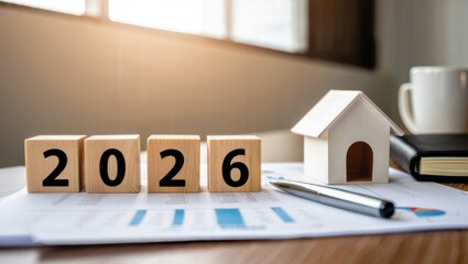 Planning for the Future: A Visual Representation of Goals and Progress with Year 2026, Home Symbol, and Planning Materials on a Desk