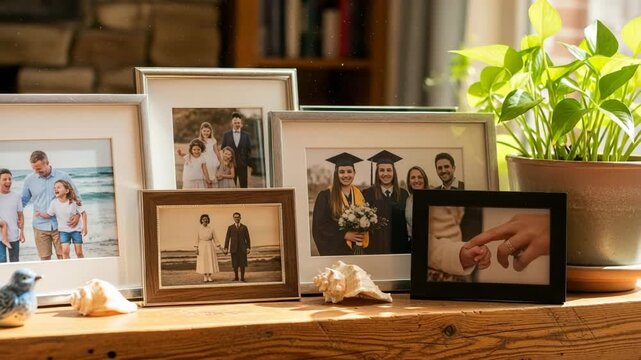 Family photos displayed on wooden table with green plant background  ,  hotos on family mantelpiece, camera slowly pans, warm evening light and sense of togetherness
