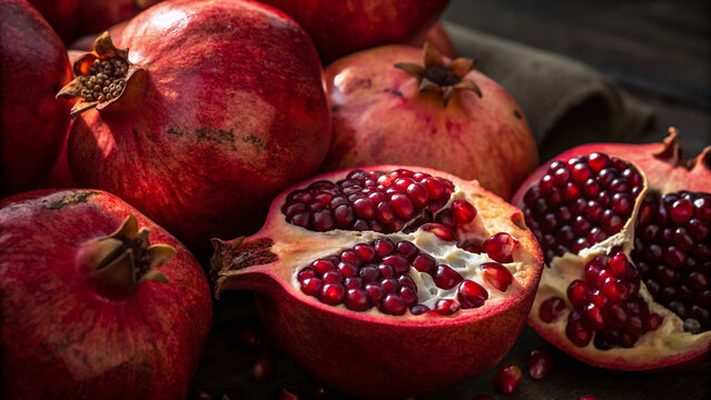 Fresh pomegranates whole and halved showing juicy seeds antioxidant rich fruit