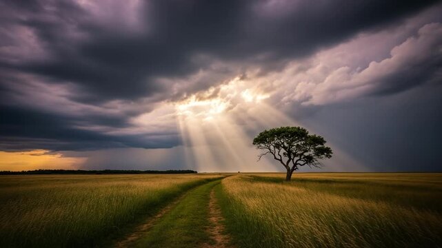 Serene landscape with a single tree and dramatic clouds   , Storm clouds above rural field, camera moves forward, dramatic lighting and weather mood 