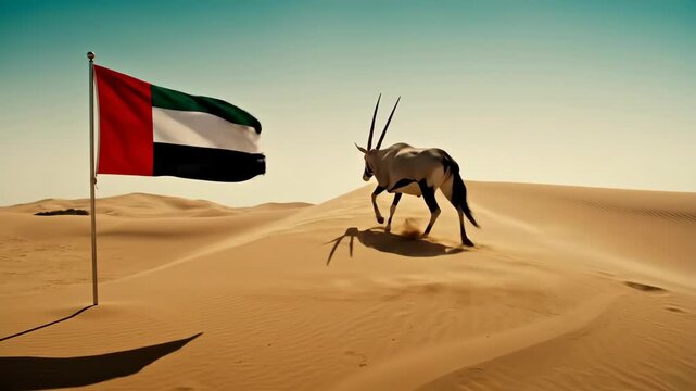 Arabian oryx walking toward United Arab Emirates flag in desert. National animal sequence with emblem in sandy dunes landscape.