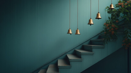 Golden bells hanging above teal staircase creating festive holiday decor concept of christmas interior styling winter ambiance