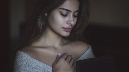 Young woman looking down at a gift box in soft dim light creating a quiet intimate holiday moment concept of beauty care christmas lifestyle brands