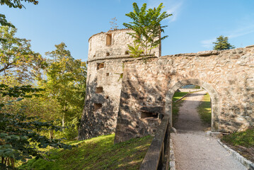 Exterior space of Castel Thun, part of a Gothic medieval hilltop castle located in Vigo di Ton in the province of Trento, Italy.