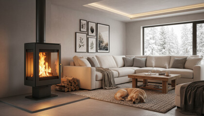 Naklejka premium A warm living room features a modern fireplace with a gentle flame. A comfortable couch is arranged around a wooden coffee table