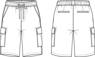 Cargo shorts fashion vector illustration with elastic waistband, drawstring front, flap pockets, welt back pockets, technical sketch,