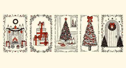 Hand-drawn vintage christmas scenes collection: cozy fireplace, stacked presents, decorated trees, and a festive front door with wreath. holiday vector.