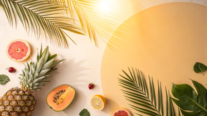Tropical fruit flat lay background summer vacation fresh food and palm leaves