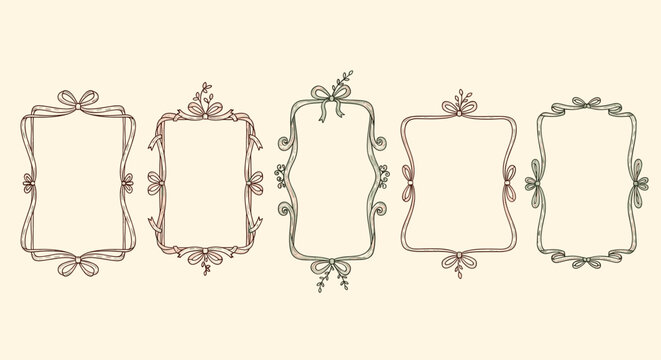 Set of five elegant hand-drawn ribbon frames with decorative bows and subtle botanical elements, perfect for invitations, greetings, and vintage designs.