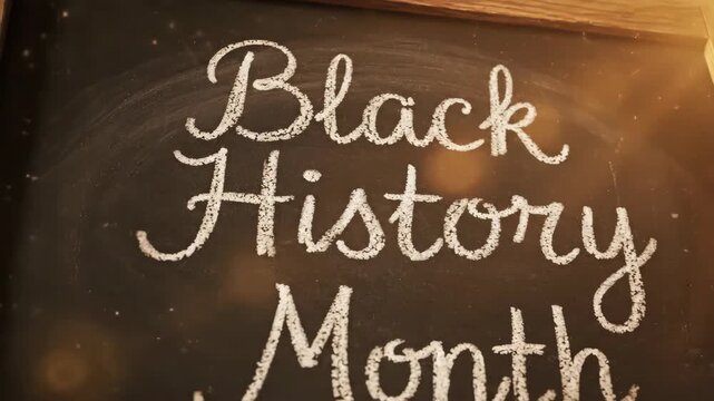 Black history month message written on chalkboard. Educational sign for cultural heritage celebration and awareness in february. Community display of african american history and achievements.