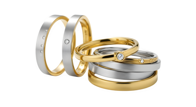 Elegant gold and silver wedding rings with sparkling diamonds, isolated on transparent background