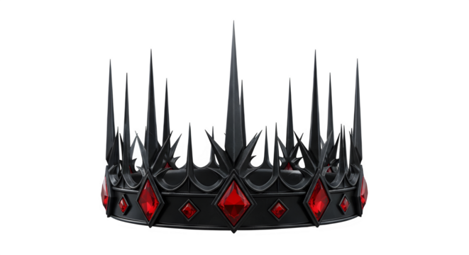 Black crown with sharp spikes and red jewels, symbolizing power and darkness, isolated on transparent background