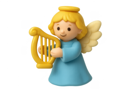 Cute angel figurine playing harp with transparent background