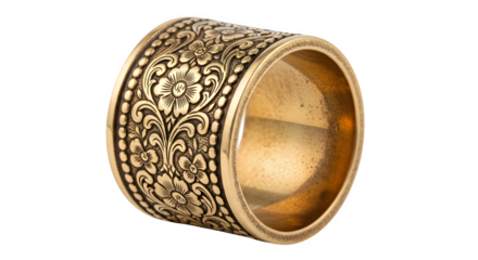 Ornate golden ring with intricate floral patterns, isolated on transparent background