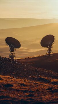 Two Large Radio Telescopes on a Hill at Sunset, Observing the Cosmos and Searching for Extraterrestrial Intelligence