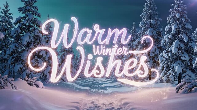 Animated warm wishes lettering in snowy winter scene. Glowing festive text evolving to winter wishes with trees and sparkles. Christmas and new year holiday greeting concept.