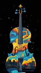 Fototapeta premium A vibrant abstract depiction of a violin showcases splashes of blue, orange, and yellow. The design incorporates swirling patterns and features a city skyline against a dark, starry backdrop