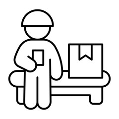 Man, worker at assembly line with box of goods thin line icon, manufacture job concept, engineer sign on white background, outline style for mobile web design. Vector graphics.