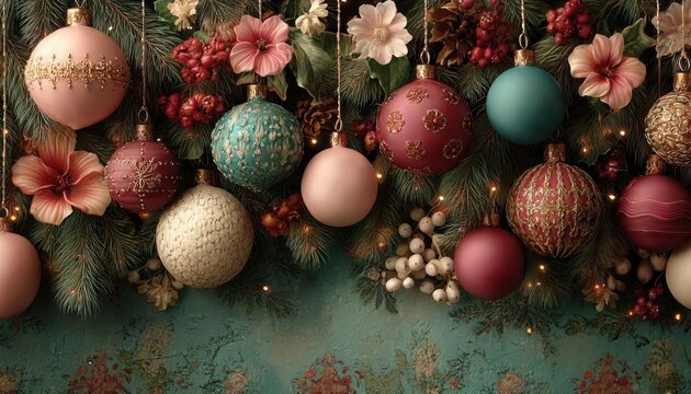 Christmas background with decorative border of tree ornaments and lights