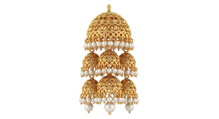 Golden indian bridal kaleera accessory with intricate design and pearls, isolated on transparent background