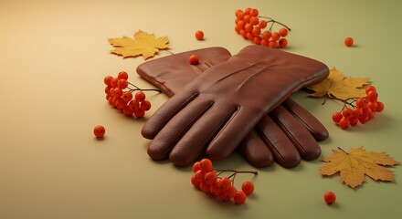 Autumn still life with leather gloves rowan berries and maple leaves