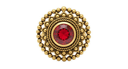 Obraz premium Golden ring with a vibrant red gemstone, intricate design, isolated on transparent background