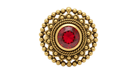 Golden ring with a vibrant red gemstone, intricate design, isolated on transparent background