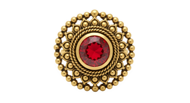 Golden ring with a vibrant red gemstone, intricate design, isolated on transparent background