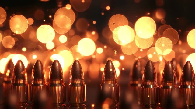 Ammunition Display: Close-up of Multiple 9mm Bullets with Golden Bokeh Background, Reflecting Power, Danger, and Military Might