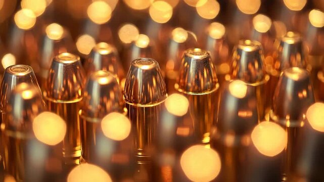 Close-up of Rows of Ammunition Cartridges with Bokeh Lights, Golden Brass Metal, Gun Control, and Firearm Safety Concept