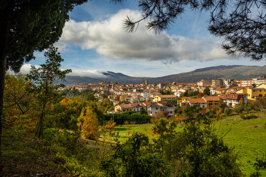 Scenic view of an old European town with historic buildings against mountains and autumn hills, Agnone, Molise, Italy