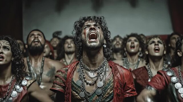 Central man leads intense group ritual with raised arms and shouts. Surrounded by warriors in red attire and jewelry. Dramatic tribal invocation building to climactic performance.