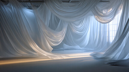 Elegant sheer white curtains illuminated by natural light, creating a dreamy and ethereal atmosphere