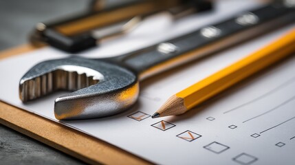 Closeup of a wrench and pencil resting on a clipboard with a checklist
