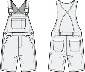 Technical short overalls sketch, front and back view, adjustable straps, chest pocket, belt loops, fashion illustration, vector garment template
