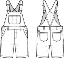 Technical short overalls sketch, front and back view, adjustable straps, chest pocket, belt loops, stitching details, fashion illustration, vector template