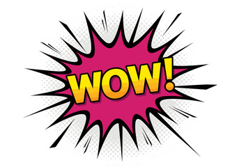 Wow! comic speech bubble pop art style with halftone dots and sharp explosion lines, expressing surprise, excitement, and astonishment in a vibrant pink and yellow graphic.
