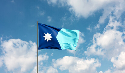 Close up waving flag of Minnesota, United States. Blue sky with clouds in the background. Travel, tourism, journey, country, tour, holiday, trip, destination, vacation. 3D illustration © Westlight