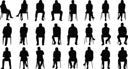 Seated silhouette grid illustration, diverse sitting posture clipart, chair pose artwork, black figure drawing set, body language design