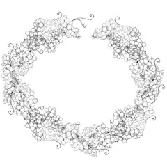 Round wreath of grapes in black and white. Vector graphics, black and white hand-drawn frame with copy space for menu design, cosmetic, cookbooks, restaurant design, alcoholic beverages, labels
