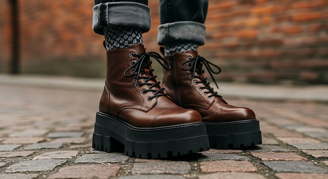 Stylish brown leather platform boots for trendy and fashionable footwear choices - Powered by Adobe
