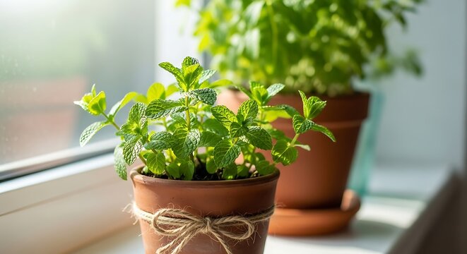 Mint plant in a terracotta pot on a windowsill - Powered by Adobe